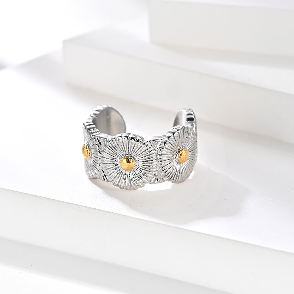 Planderful Titanium Steel Daisy Ring For Men Gold Plated Opening Trendy Jewelry Accessory