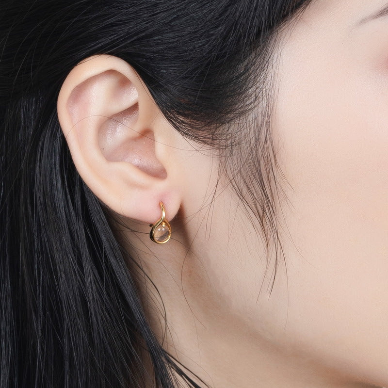 Oval Pink Crystal Water Droplet Silver Hook Earrings