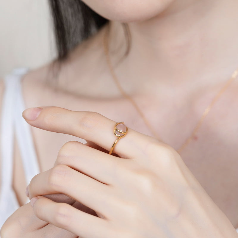 Oval Pink Crystal Water Droplet Opening Silver Ring