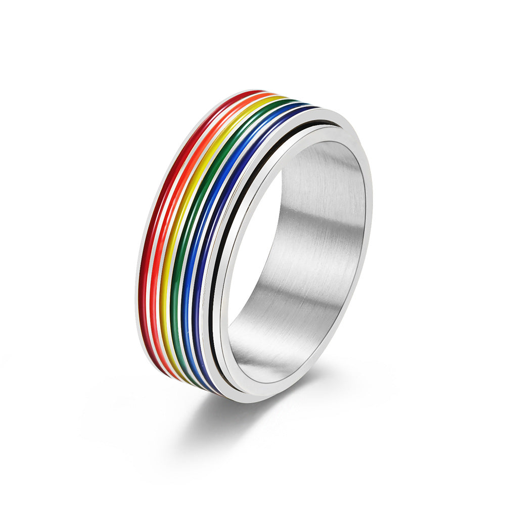 Stainless Steel Rotatable Rainbow Couple Ring Jewelry Wholesale