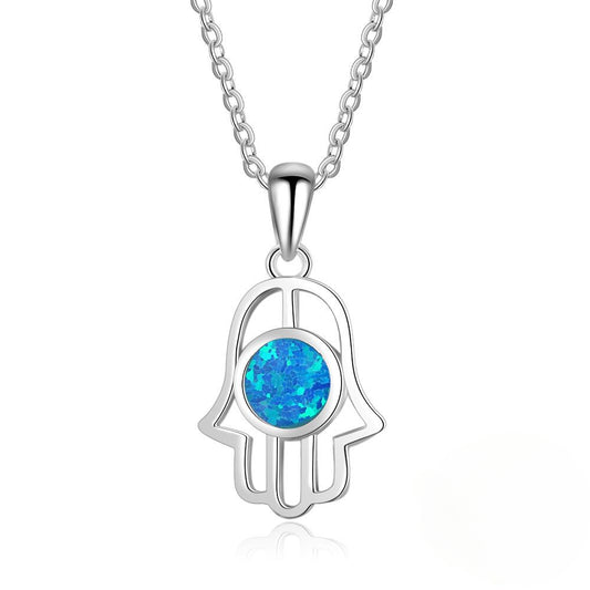 Round Blue Opal Hollow Out Palm Sterling Silver Necklace