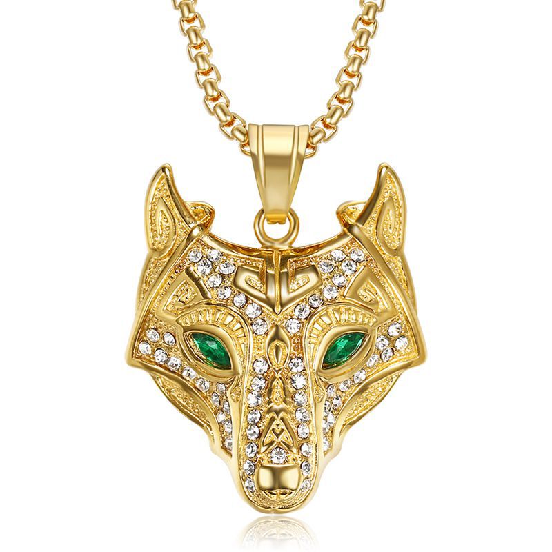Planderful Viking Wolf Head Pendant Necklace Titanium Steel Gold Plated Rhinestones Unisex Bold Gift