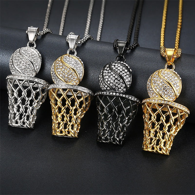 Planderful Everyday Genie Hip Hop Necklace With Gold Plated Rhinestone Basketball Net Pendant