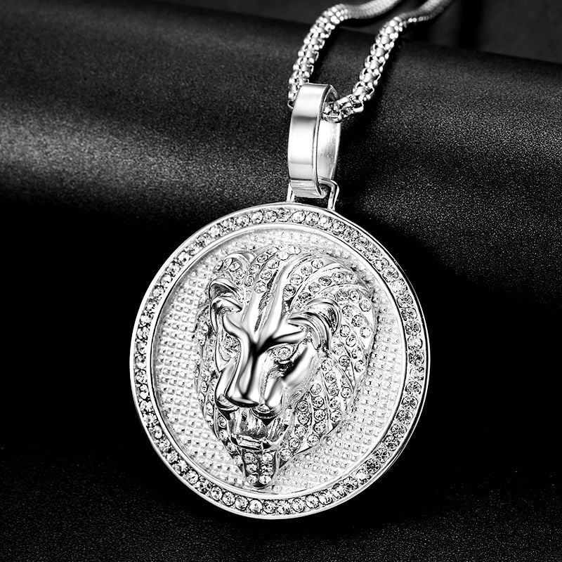 Planderful Lion Head Pendant Necklace Titanium Steel Gold Plated Rhinestones For Hip Hop Fans