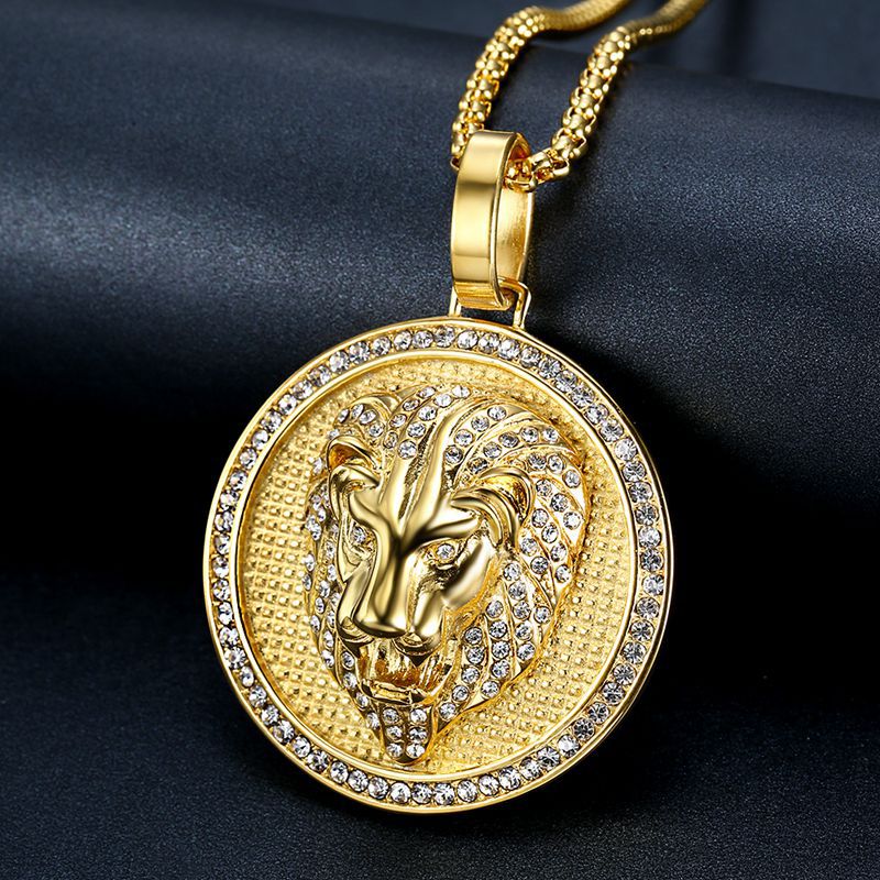 Planderful Lion Head Pendant Necklace Titanium Steel Gold Plated Rhinestones For Hip Hop Fans