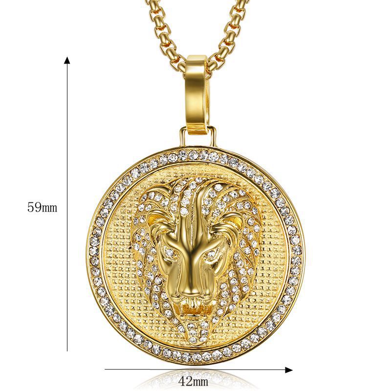 Planderful Lion Head Pendant Necklace Titanium Steel Gold Plated Rhinestones For Hip Hop Fans