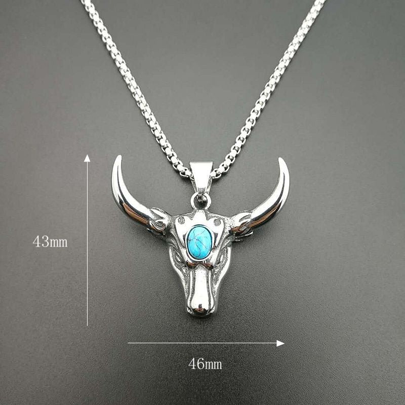 Planderful Punk Turquoise Bull Head Necklace Bold Polished Titanium Steel Jewelry For Rock Fans