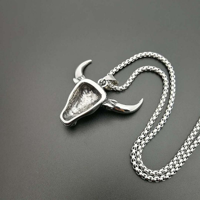 Planderful Punk Turquoise Bull Head Necklace Bold Polished Titanium Steel Jewelry For Rock Fans