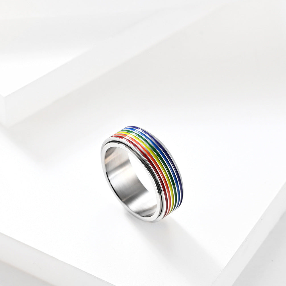 Stainless Steel Rotatable Rainbow Couple Ring Jewelry Wholesale