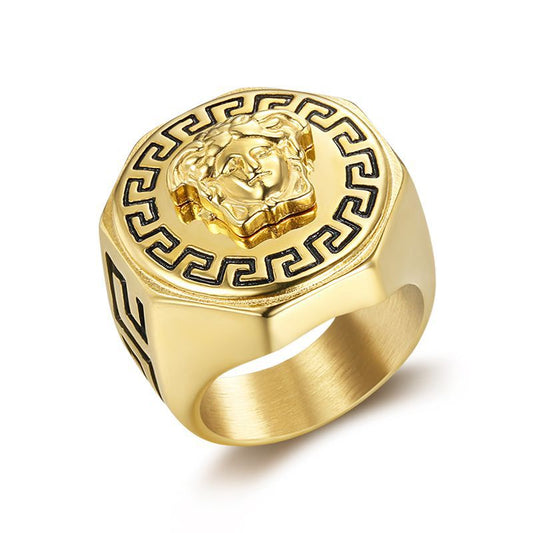 Planderful Everyday Genie Men's Ring Titanium Steel Gold Plated Greek Mythology Hip Hop Bold Style Size 7-13