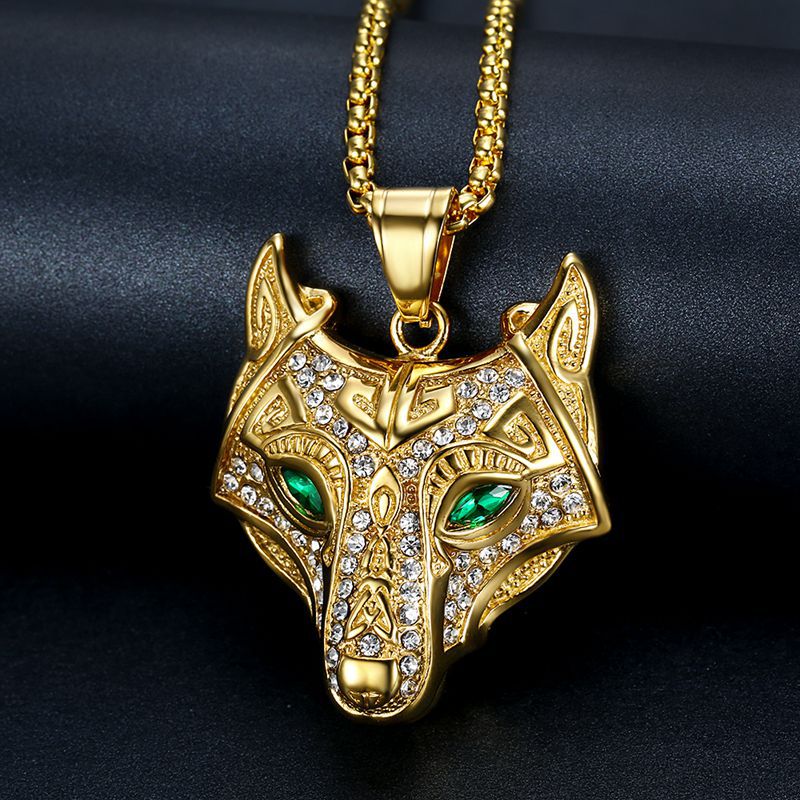 Planderful Viking Wolf Head Pendant Necklace Titanium Steel Gold Plated Rhinestones Unisex Bold Gift