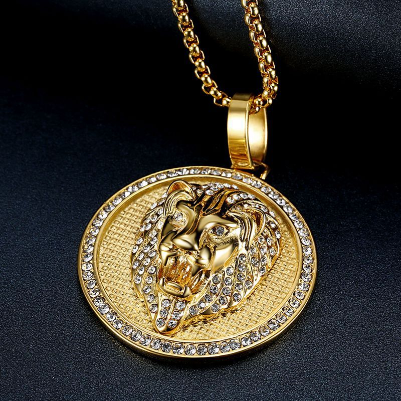 Planderful Lion Head Pendant Necklace Titanium Steel Gold Plated Rhinestones For Hip Hop Fans