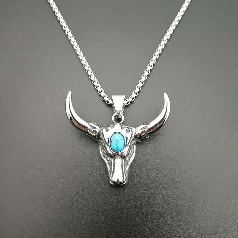 Planderful Punk Turquoise Bull Head Necklace Bold Polished Titanium Steel Jewelry For Rock Fans