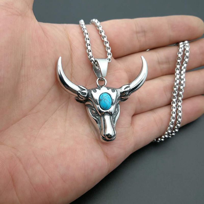 Planderful Punk Turquoise Bull Head Necklace Bold Polished Titanium Steel Jewelry For Rock Fans