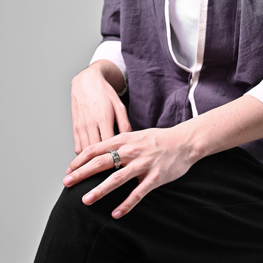 Chinese Taoist Nine Characters Mantra Titanium Steel Ring for Men