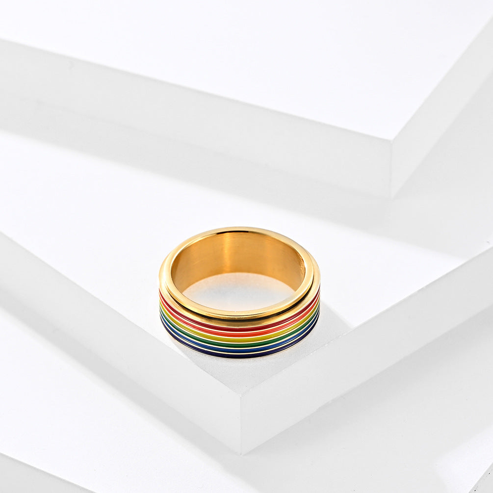 Stainless Steel Rotatable Rainbow Couple Ring Jewelry Wholesale