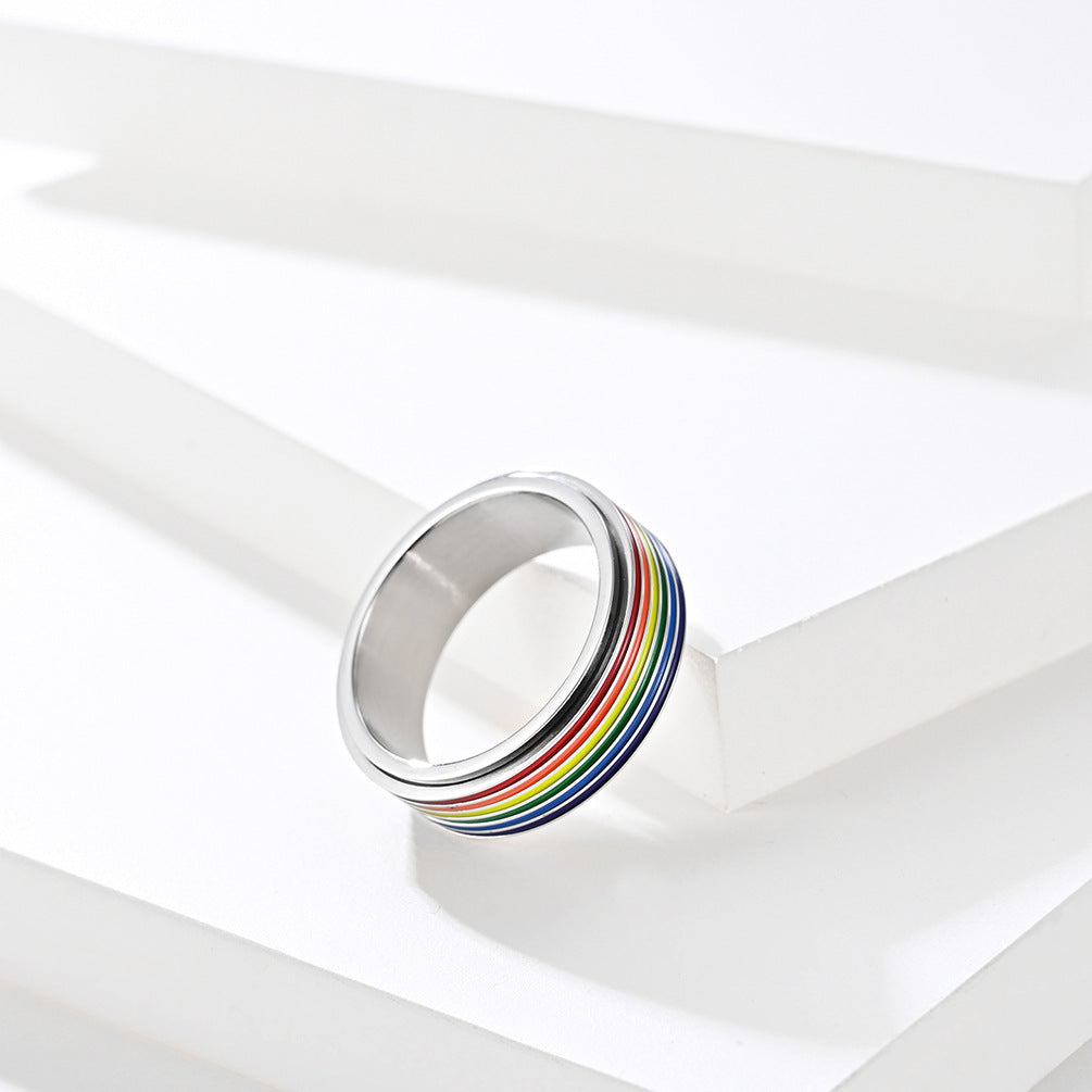 Stainless Steel Rotatable Rainbow Couple Ring Jewelry Wholesale