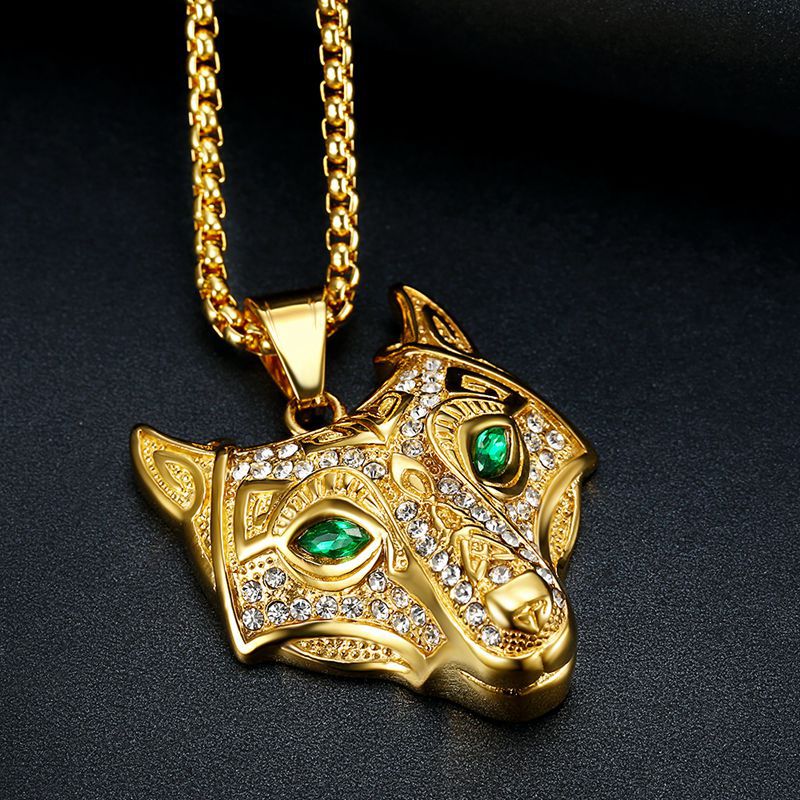 Planderful Viking Wolf Head Pendant Necklace Titanium Steel Gold Plated Rhinestones Unisex Bold Gift