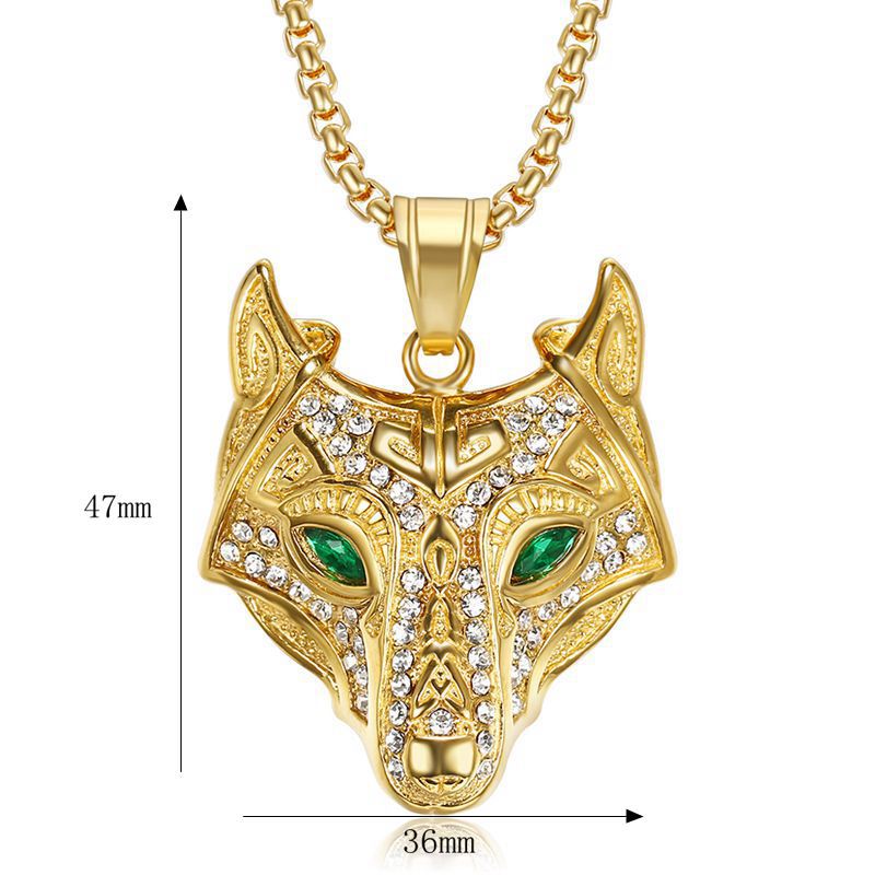Planderful Viking Wolf Head Pendant Necklace Titanium Steel Gold Plated Rhinestones Unisex Bold Gift