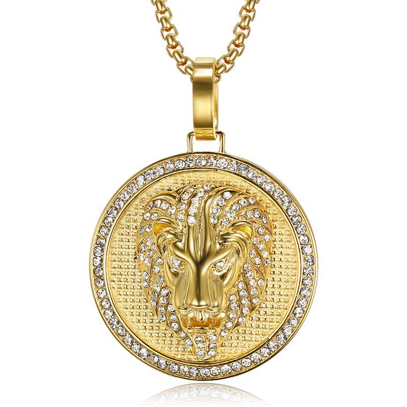 Planderful Lion Head Pendant Necklace Titanium Steel Gold Plated Rhinestones For Hip Hop Fans