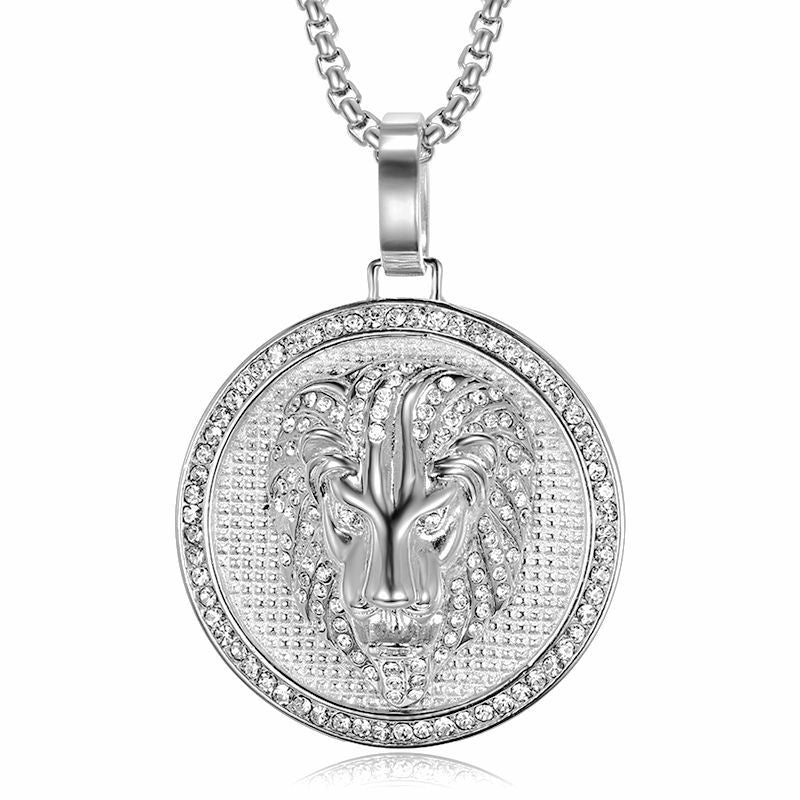 Planderful Lion Head Pendant Necklace Titanium Steel Gold Plated Rhinestones For Hip Hop Fans