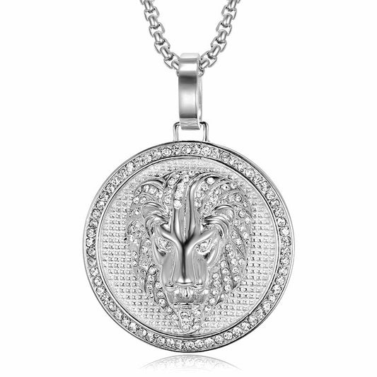 Planderful Lion Head Pendant Necklace Titanium Steel Gold Plated Rhinestones For Hip Hop Fans
