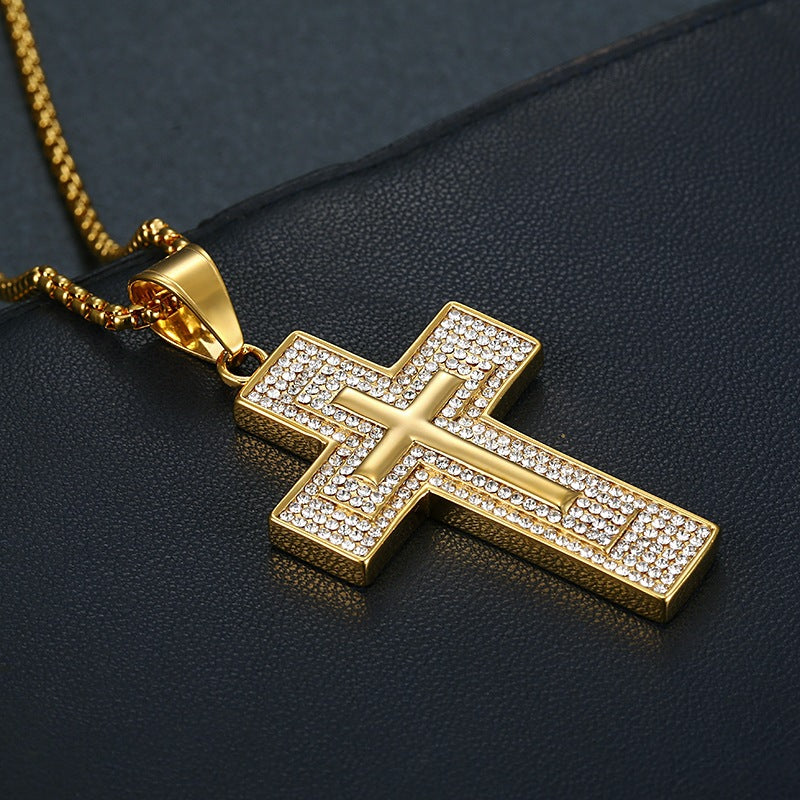 Planderful Everyday Genie Titanium Steel Gold Plated Zircon Cross Necklace for Hip Hop Jewelry Fans