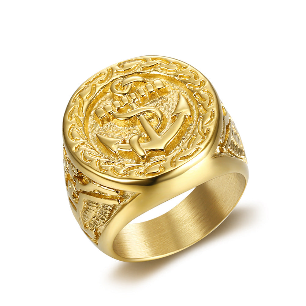 Planderful Everyday Genie Hip Hop Ring For Men Titanium Steel Bold Gold Plated Eagle Anchor