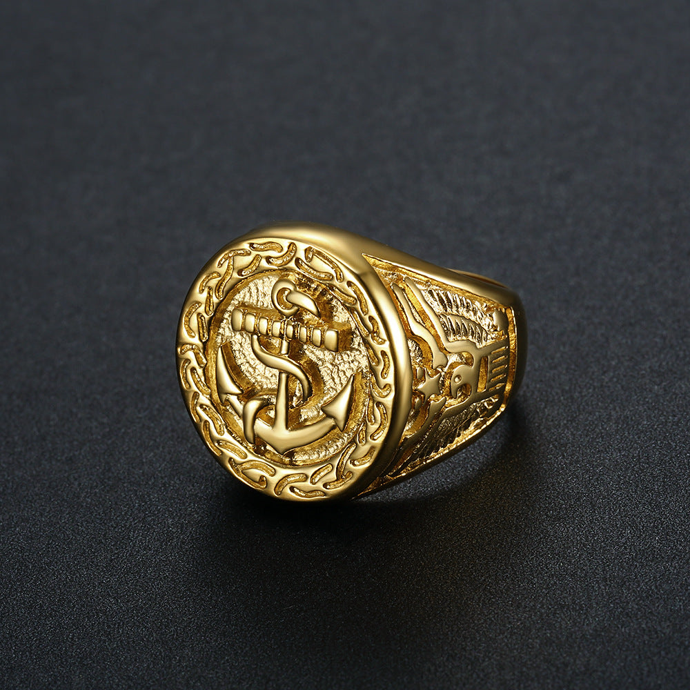 Planderful Everyday Genie Hip Hop Ring For Men Titanium Steel Bold Gold Plated Eagle Anchor