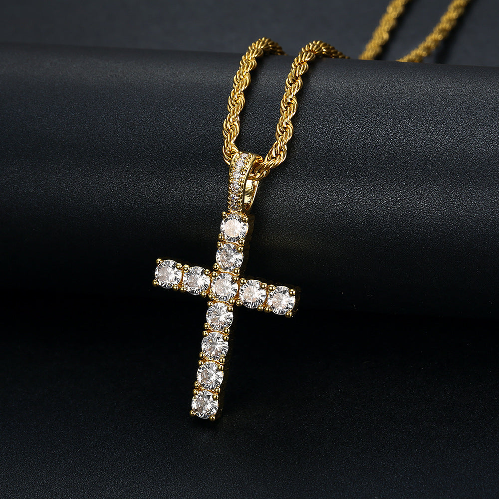 Zircon Necklace - Statement Hip-Hop Cross Gold Plated Steel Pendant Accessory For Everyday Glam