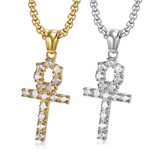 Planderful Unisex Everyday Genie Hip Hop Necklace Titanium Steel Gold Plated Zircon Anka Cross Pendant