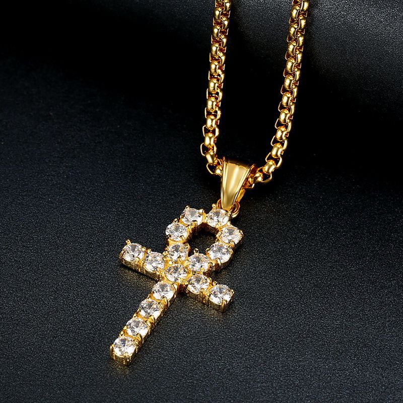 Planderful Unisex Everyday Genie Hip Hop Necklace Titanium Steel Gold Plated Zircon Anka Cross Pendant