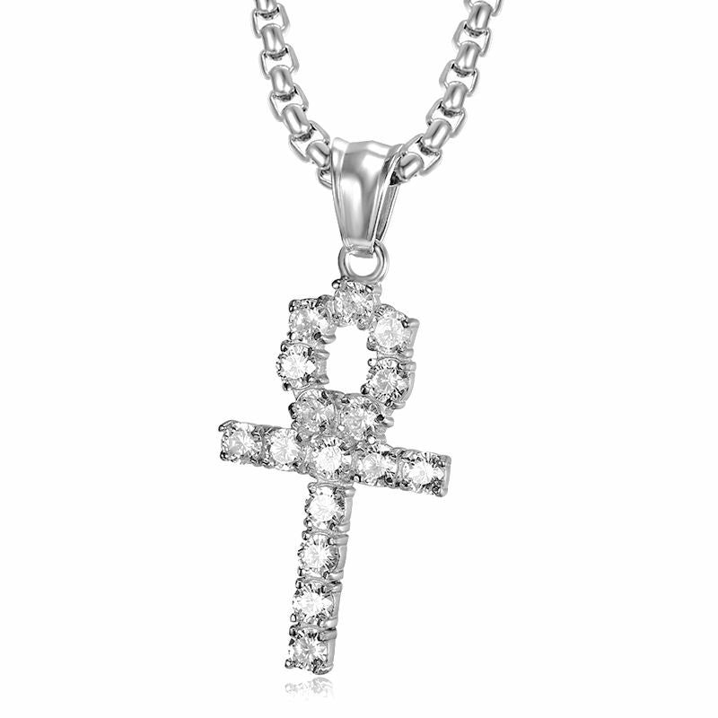 Planderful Unisex Everyday Genie Hip Hop Necklace Titanium Steel Gold Plated Zircon Anka Cross Pendant