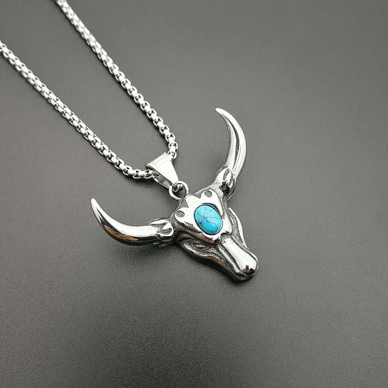 Planderful Punk Turquoise Bull Head Necklace Bold Polished Titanium Steel Jewelry For Rock Fans