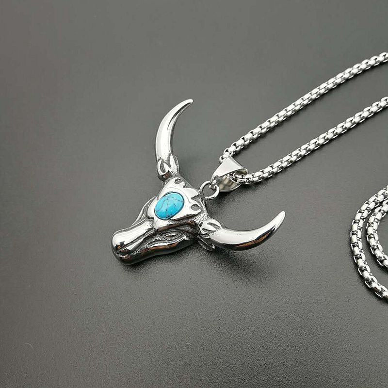 Planderful Punk Turquoise Bull Head Necklace Bold Polished Titanium Steel Jewelry For Rock Fans