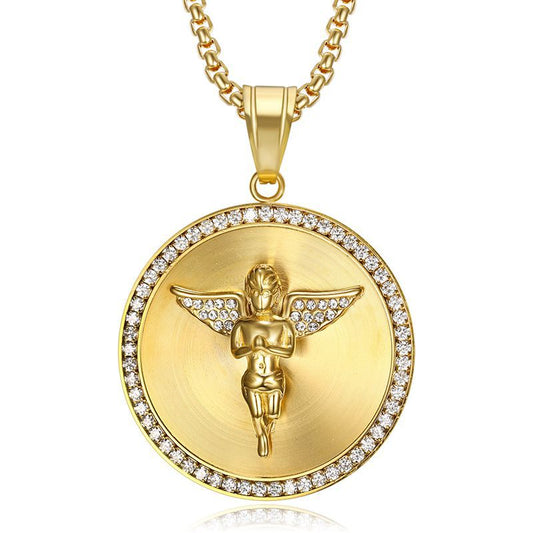 Planderful Hip Hop Angel Pendant Necklace Titanium Steel Gold Plated Micro Inlaid Zircon For Men