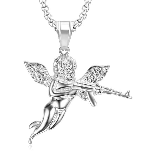 Planderful Everyday Genie Hip Hop Necklace Titanium Steel Gold Plated Zircon Revenge Angel Pendant for Hip Hop Fans