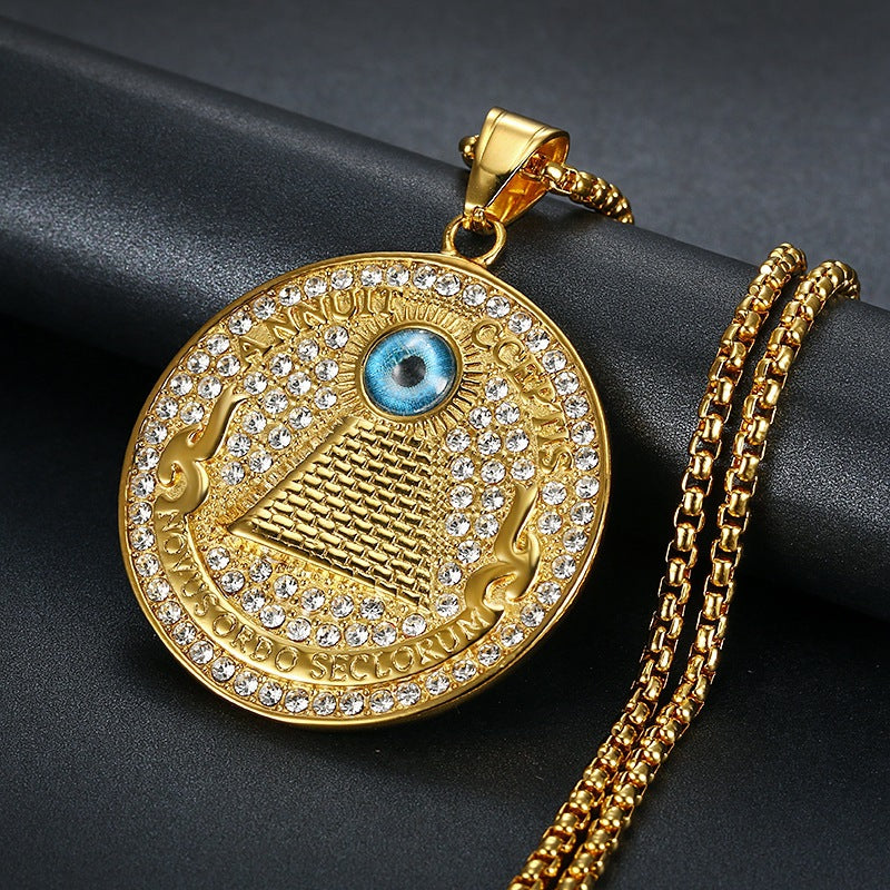 Gods Eye Pendant Necklace By Planderful Titanium Steel Gold Plated Rhinestone Hip Hop Jewelry For Men And Women