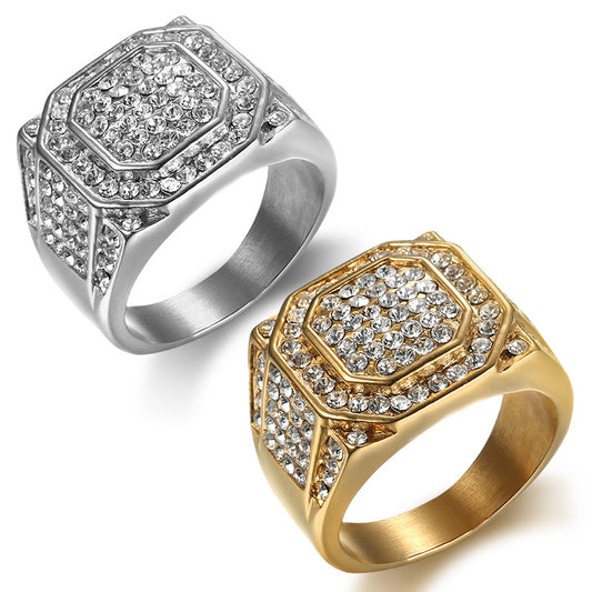Planderful Everyday Genie Hip Hop Ring For Men Gold Plated Titanium Steel Zircon Jewelry