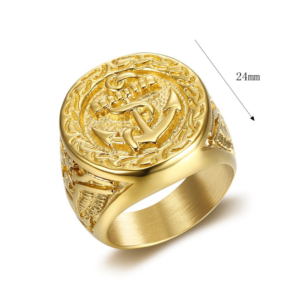 Planderful Everyday Genie Hip Hop Ring For Men Titanium Steel Bold Gold Plated Eagle Anchor