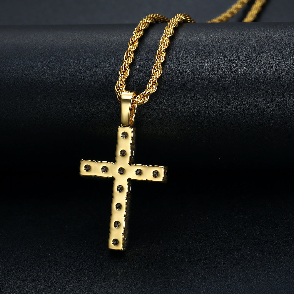Zircon Necklace - Statement Hip-Hop Cross Gold Plated Steel Pendant Accessory For Everyday Glam