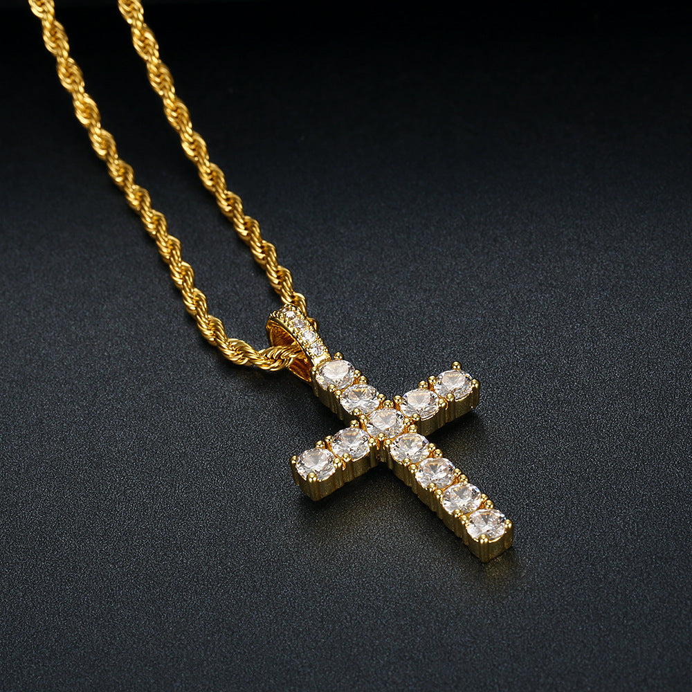 Zircon Necklace - Statement Hip-Hop Cross Gold Plated Steel Pendant Accessory For Everyday Glam