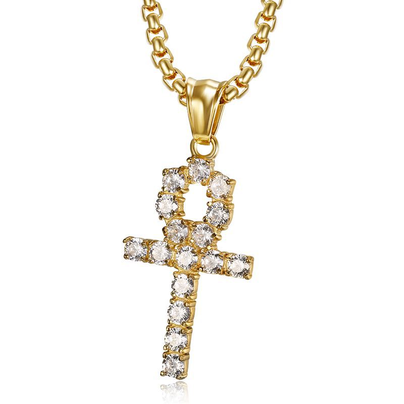 Planderful Unisex Everyday Genie Hip Hop Necklace Titanium Steel Gold Plated Zircon Anka Cross Pendant