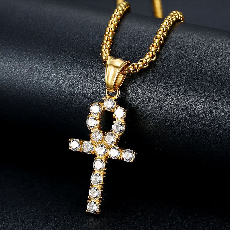 Planderful Unisex Everyday Genie Hip Hop Necklace Titanium Steel Gold Plated Zircon Anka Cross Pendant