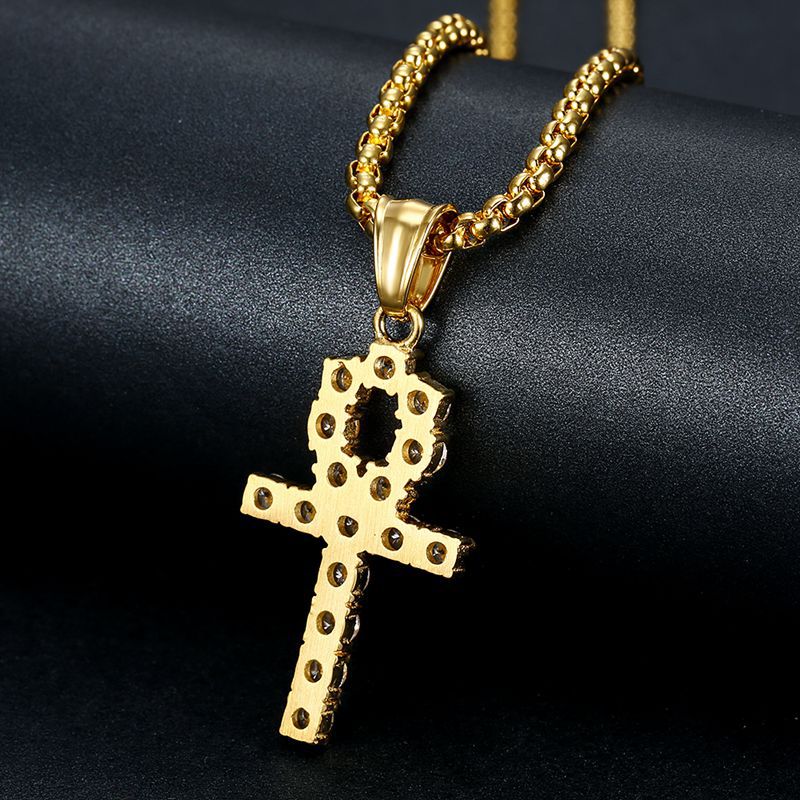 Planderful Unisex Everyday Genie Hip Hop Necklace Titanium Steel Gold Plated Zircon Anka Cross Pendant
