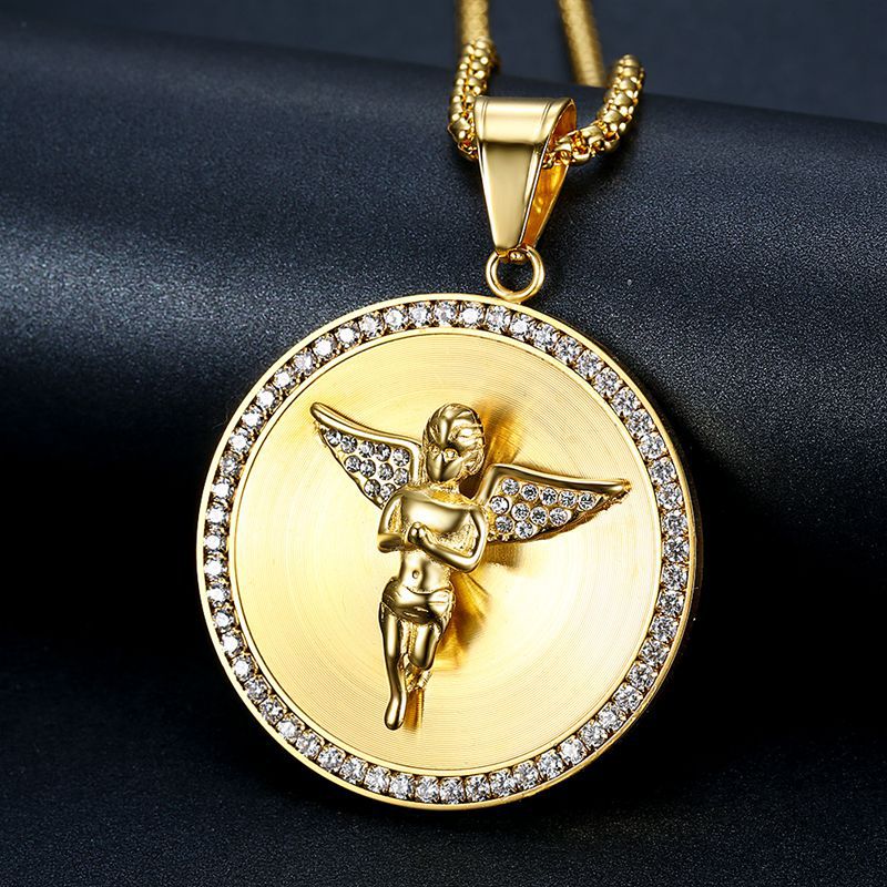 Planderful Hip Hop Angel Pendant Necklace Titanium Steel Gold Plated Micro Inlaid Zircon For Men