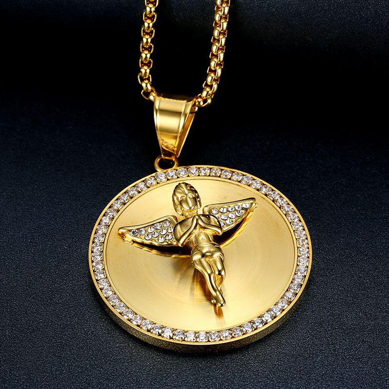 Planderful Hip Hop Angel Pendant Necklace Titanium Steel Gold Plated Micro Inlaid Zircon For Men