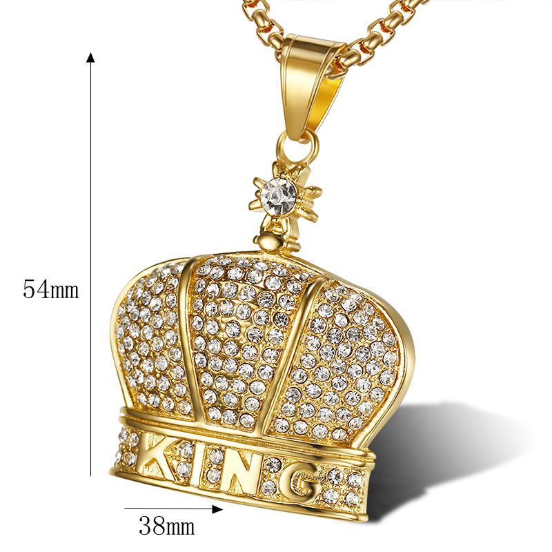 Planderful King Crown Hip Hop Necklace Titanium Steel Gold Plated Zircon Pendant For Hip Hop Fans