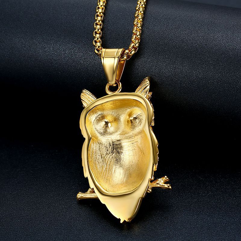 Owl Pendant Necklace Titanium Steel Gold Plated Zircon Long Lasting Shine Planderful For Hip Hop Jewelry Fans