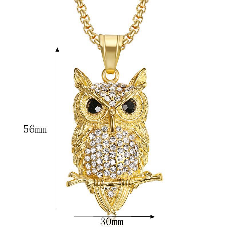 Owl Pendant Necklace Titanium Steel Gold Plated Zircon Long Lasting Shine Planderful For Hip Hop Jewelry Fans